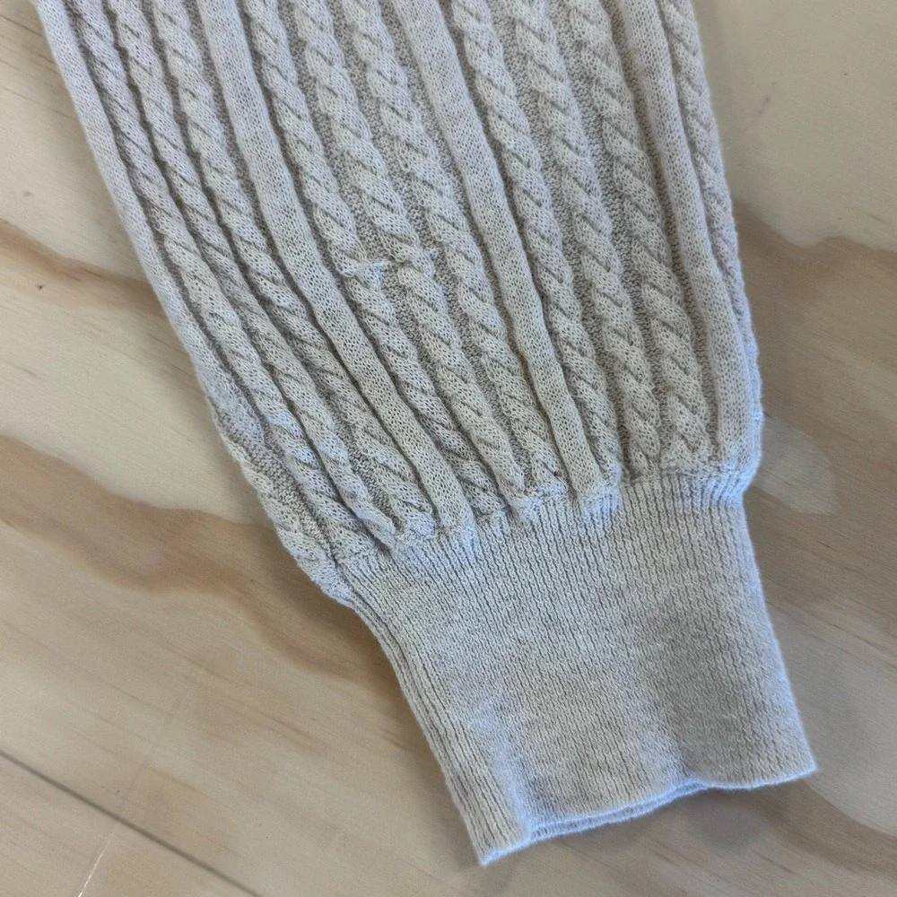 White + Warren Knit Lightweight Linen Blend Beige Cable Knit Crew Neck Sweater L